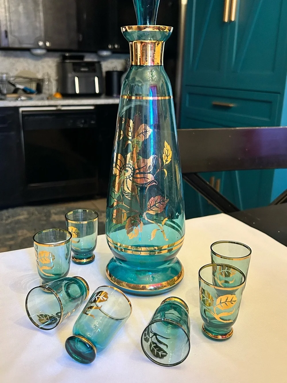 Teal Glass Decanter and Shot Glass Set with Gold Leaf Accents - Brand Unmarked